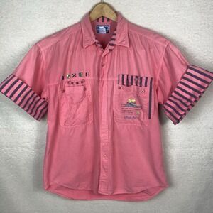 Vintage Bugle Boy Ocean League Mens Med Pink Pocket Button Up Shirt Embroidered